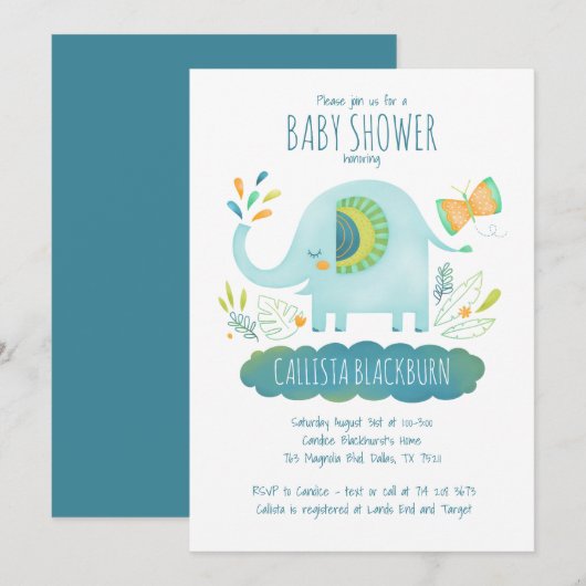 Elephant Blue Boy Schattige Oerwoud Baby shower Kaart (Voorkant / Achterkant)