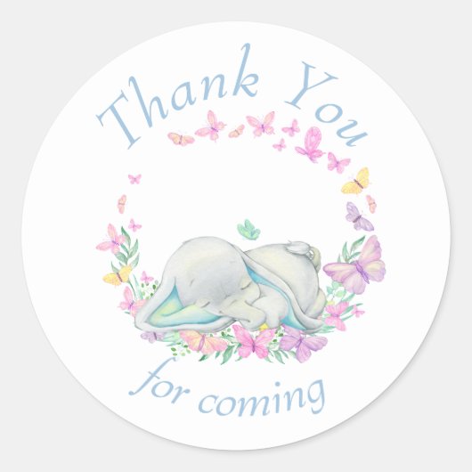 Elephant blue Butterflies Baby shower Dank u wel Ronde Sticker (Voorkant)