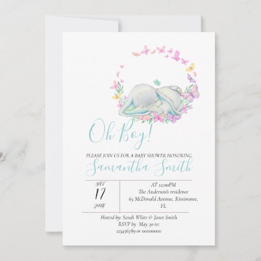 Elephant Blue Butterflies Baby shower Invitation Kaart (Voorkant)