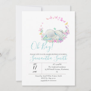 Elephant Blue Butterflies Baby shower Invitation Kaart