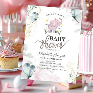 Elephant Blue Butterflies Roze Baby shower Kaart
