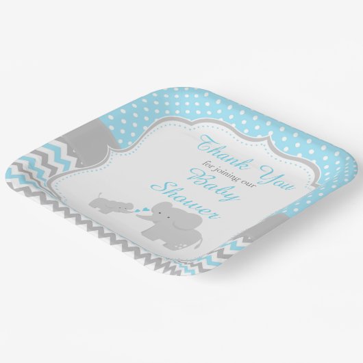 Elephant Blue en Grey Baby shower Party Papieren Bordje (Gebogen)