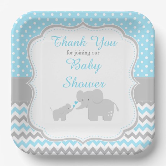 Elephant Blue en Grey Baby shower Party Papieren Bordje (Voorkant)