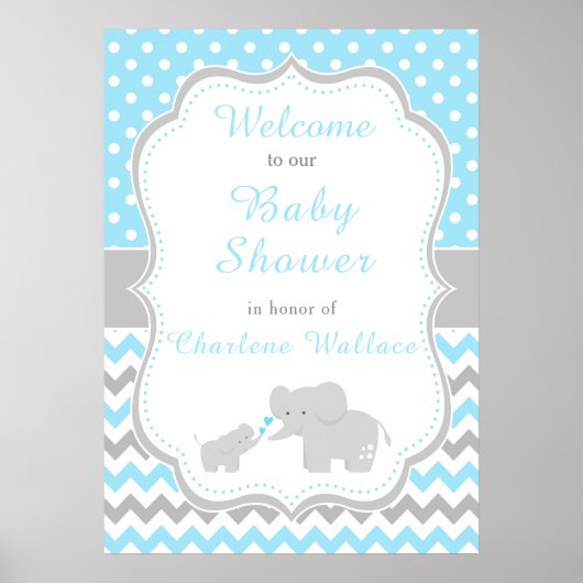 Elephant Blue en Grey Baby shower Party Poster (Voorkant)