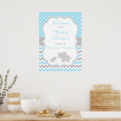 Elephant Blue en Grey Baby shower Party Poster (Keuken)