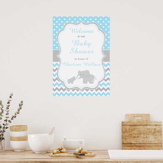 Elephant Blue en Grey Baby shower Party Poster (Keuken)