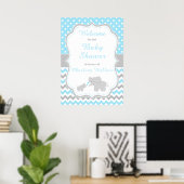 Elephant Blue en Grey Baby shower Party Poster (Thuiskantoor)