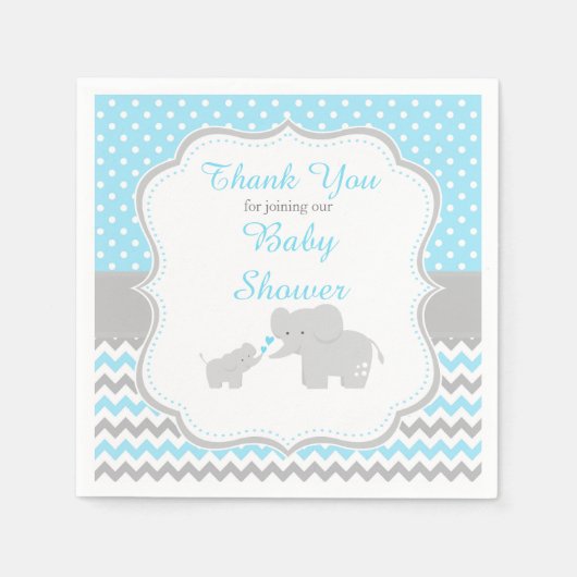 Elephant Blue en Grey Baby shower Party Servet (Voorkant)