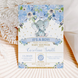 Elephant Blue Floral Baby shower Baby Boy Kaart