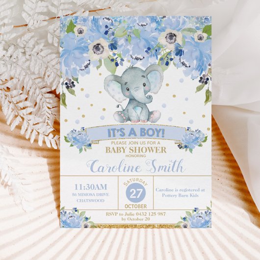 Elephant Blue Floral Baby shower Baby Boy Kaart