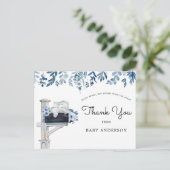 Elephant Blue Floral Baby shower per post Bedankt Briefkaart (Staand voorkant)