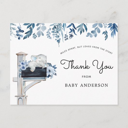 Elephant Blue Floral Baby shower per post Bedankt Briefkaart (Voorkant)