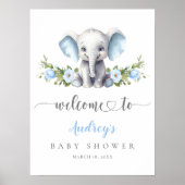 Elephant Blue Floral Baby Shower Welkom Poster (Voorkant)