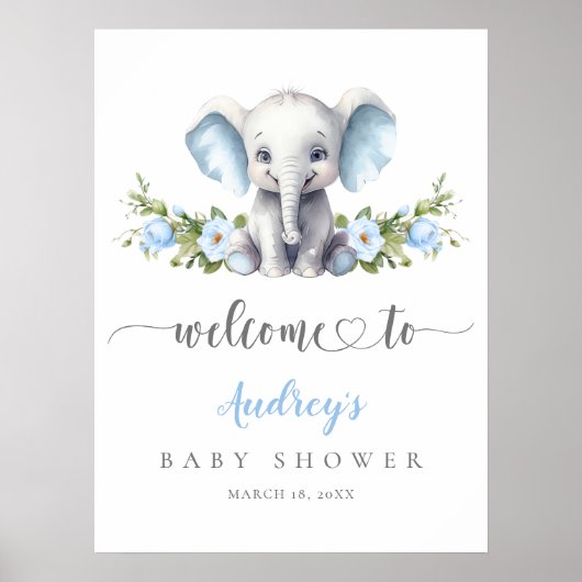 Elephant Blue Floral Baby Shower Welkom Poster (Voorkant)
