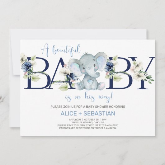 Elephant blue floral boy baby shower-uitnodiging. kaart (Voorkant)