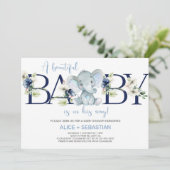 Elephant blue floral boy baby shower-uitnodiging. kaart (Staand voorkant)