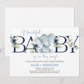 Elephant blue floral boy baby shower-uitnodiging. kaart (Voorkant / Achterkant)