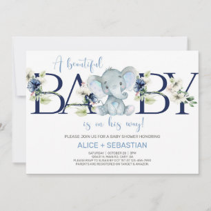 Elephant blue floral boy baby shower-uitnodiging. kaart