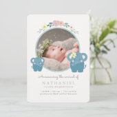 Elephant Blue Floral Boy Fotogeboorteaankondiging Kaart (Staand voorkant)