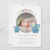 Elephant Blue Floral Boy Fotogeboorteaankondiging Kaart (Voorkant)