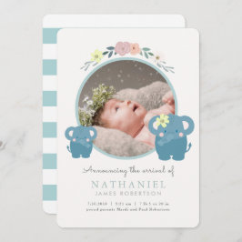Elephant Blue Floral Boy Fotogeboorteaankondiging Kaart