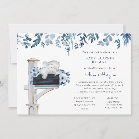 Elephant Blue Flowers Baby shower per post Kaart (Voorkant)