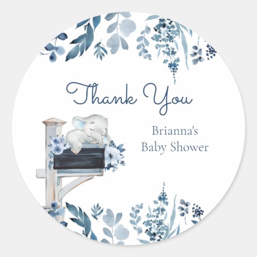 Elephant Blue Flowers Baby shower per post Ronde Sticker (Voorkant)