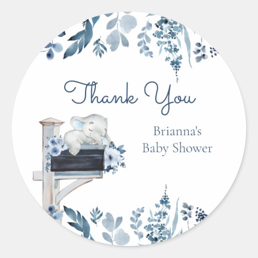 Elephant Blue Flowers Baby shower per post Ronde Sticker (Voorkant)