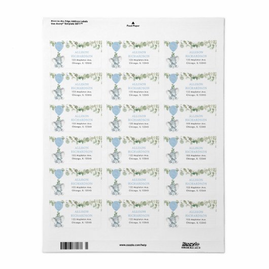Elephant blue greenery ballonnen adres etiket (Full Sheet)