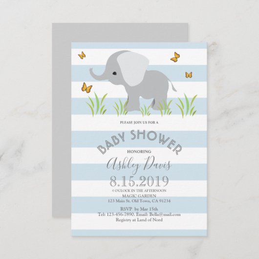 Elephant Blue Grey Boy Baby shower nodigt uit Kaart (Voorkant / Achterkant)