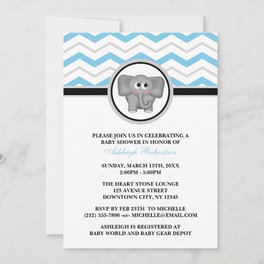 Elephant Blue Grey Chevron Baby Shower-uitvindinge Kaart (Voorkant)