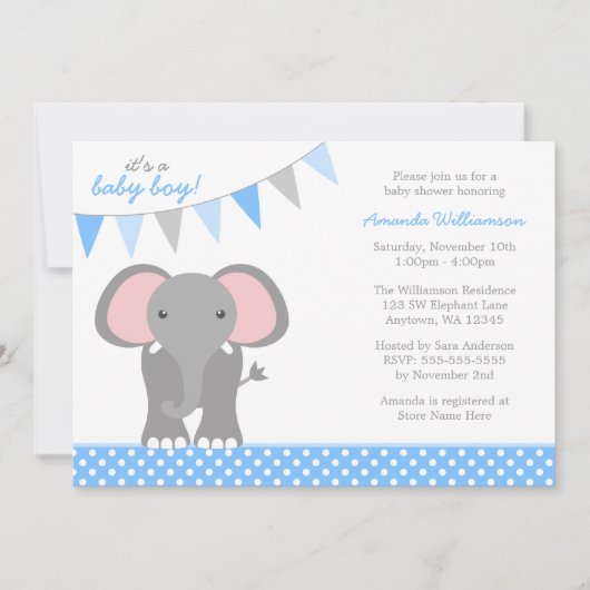 Elephant Blue Polka Dot Banner Boy Baby shower Kaart (Voorkant)