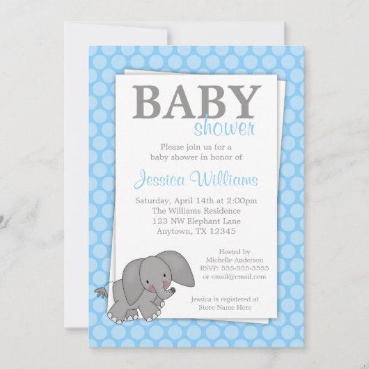 Elephant Blue Stippen Baby Shower Invitations Kaart (Voorkant)