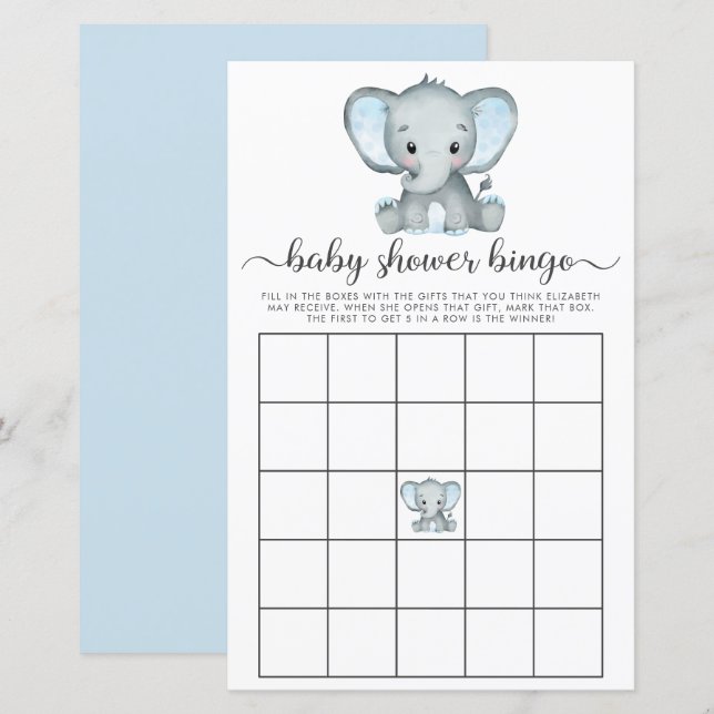 Elephant Blue Waterverf Baby Bingo Shower Game (Voorkant / Achterkant)