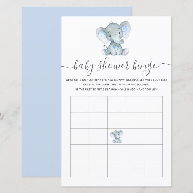 Elephant Blue Waterverf Baby Bingo Shower Game (Voorkant / Achterkant)