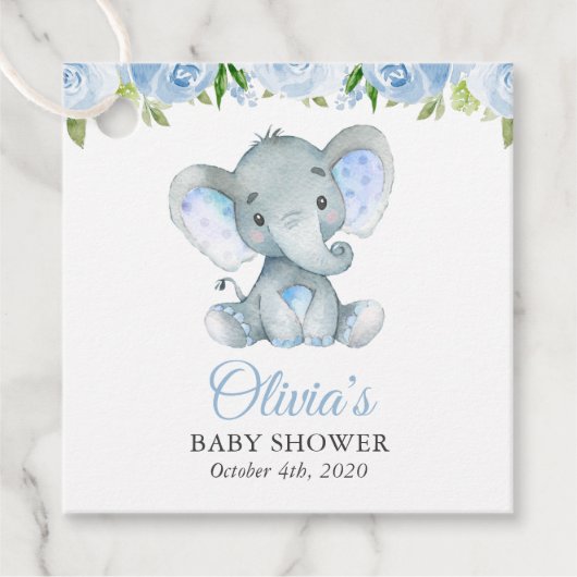 Elephant, Blue Waterverf Flowers, Baby shower Bedankjes Labels (Voorkant)