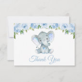 Elephant, Blue Waterverf Flowers, Baby shower Bedankkaart (Voorkant)