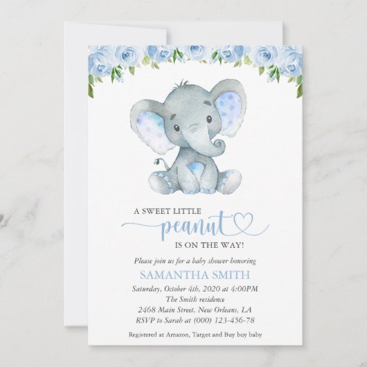 Elephant, Blue Waterverf Flowers, Baby shower Kaart (Voorkant)