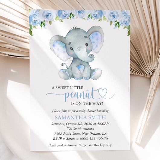 Elephant, Blue Waterverf Flowers, Baby shower Kaart