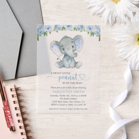 Elephant, Blue Waterverf Flowers, Baby shower Vellum Uitnodigingen (Huwelijk)