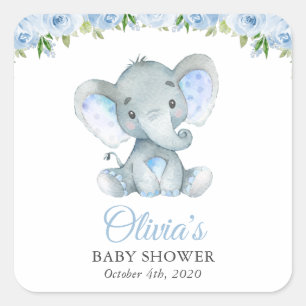 Elephant, Blue Waterverf Flowers, Baby shower Vierkante Sticker