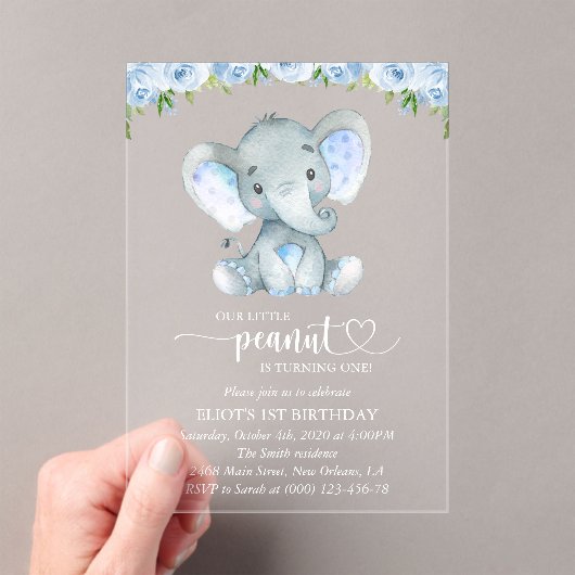 Elephant, Blue Waterverf Flowers, First Birthday Acryl Uitnodigingen (Insitu (Draagbaar))