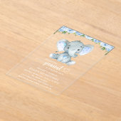 Elephant, Blue Waterverf Flowers, First Birthday Acryl Uitnodigingen (Laagn)