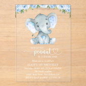 Elephant, Blue Waterverf Flowers, First Birthday Acryl Uitnodigingen (Voorkant)