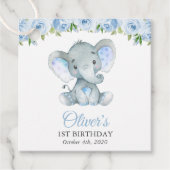 Elephant, Blue Waterverf Flowers, First Birthday Bedankjes Labels (Voorkant)