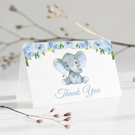 Elephant, Blue Waterverf Flowers, First Birthday Bedankkaart