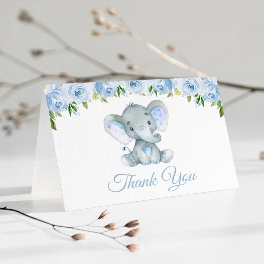 Elephant, Blue Waterverf Flowers, First Birthday Bedankkaart