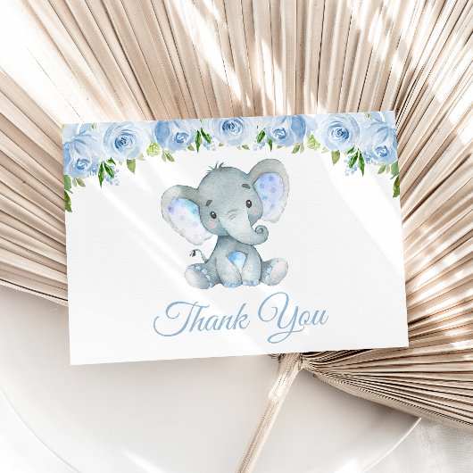 Elephant, Blue Waterverf Flowers, First Birthday Bedankkaart