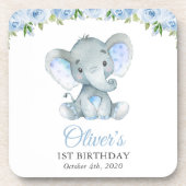 Elephant, Blue Waterverf Flowers, First Birthday Bier Onderzetter (Voorkant)