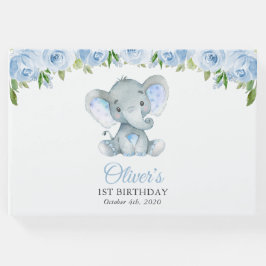 Elephant, Blue Waterverf Flowers, First Birthday Gastenboek